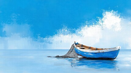 Fototapeta premium Blue Fishing Boat at Sea Under a Sunny Sky