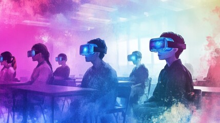 Futuristic classroom with AI holograms guiding students through virtual reality glasses in a watercolor dreamscape
