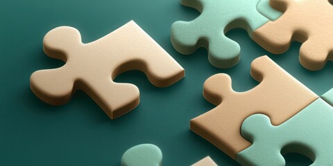 Obraz premium Puzzle pieces in a cozy mix of earthy tones, such as sage green, light brown, and soft peach, interlocking on a dark teal background