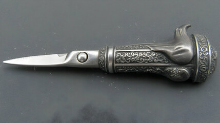 Ornate silver pocket knife, detailed carving, grey background, collectible item, ideal for online sales