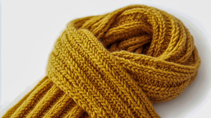 Realistic gloden knitted scarf with ribbed texture for winter fashion and cozy cold-weather clothing. Soft and warm fabric accessory isolated on white background.
