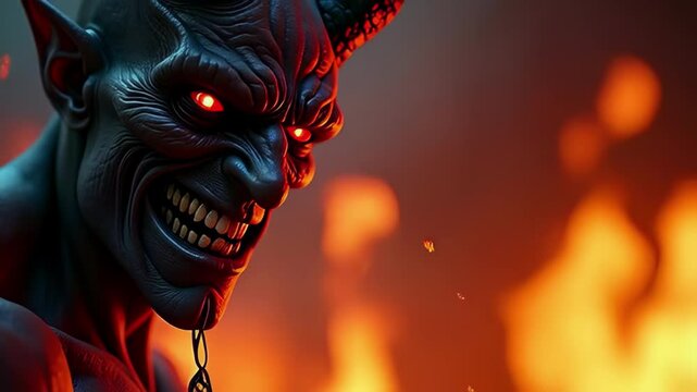 Evil Red-Eyed Demon with Horns and Sharp Teeth in Hellfire