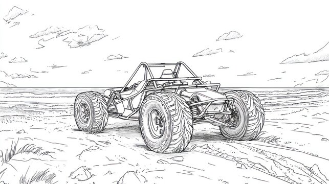Beach buggy sketch, coastal dune buggy illustration, off-road vehicle design, sandy beach background, adventure vehicle concept