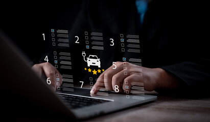 Digital checklist and evaluation concept for electric vehicle. Businessman uses laptop to complete...
