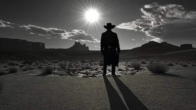Western Cowboy Silhouette at Sunset with Guns and Outlaws in Desert Illustration