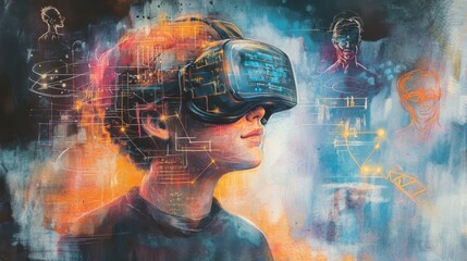 Watercolor Representation of Virtual Education with a Student in VR and Historic Figures