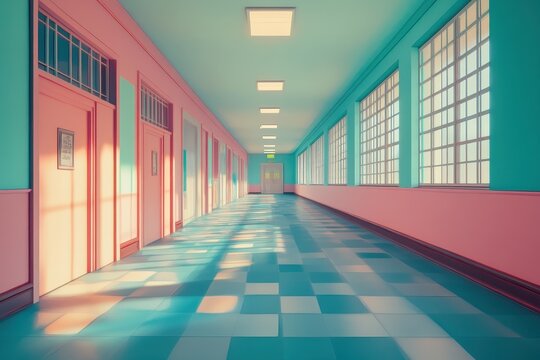 Interior perspective of a long colorful school hallway or corridor