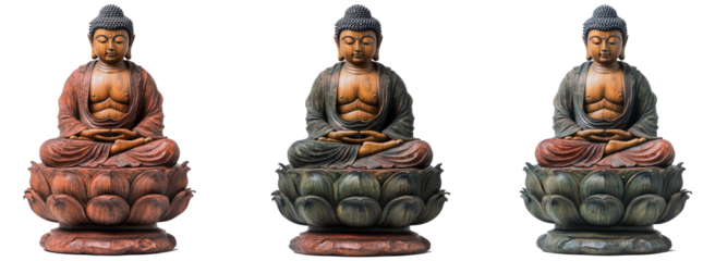 Vintage Buddha Statues on transparent background, concept of Buddhism, spiritual balance, mental practices and tranquility