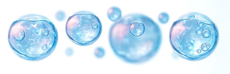 Set of blue collagen serum drops with water molecule cell structure render