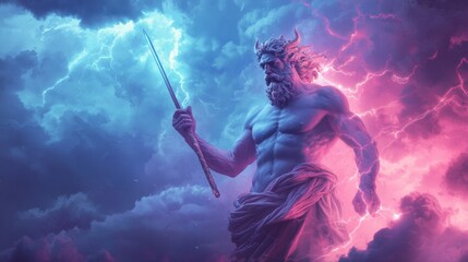 Obraz premium Powerful mythical figure with lightning in stormy sky representing strength, divinity, and awe in an atmospheric fantasy art depiction