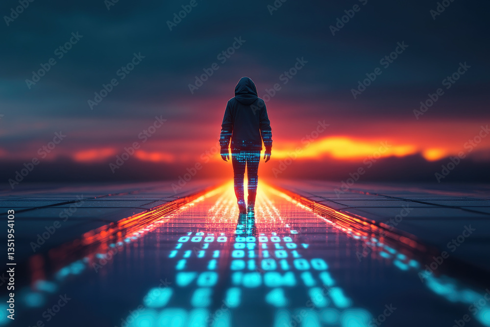Wall mural person walking across a binary code road into a glowing horizon data security journey privacy symbol