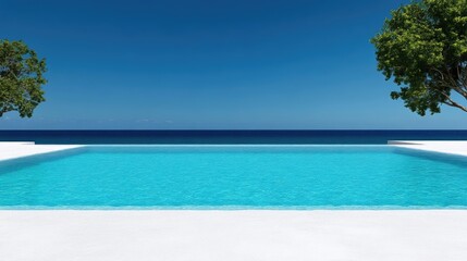 Fototapeta premium Pristine beachfront pool under a vibrant blue sky. Tranquil, modern design with lush trees