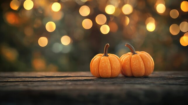 Two vibrant orange pumpkins resting on a rustic wooden surface with soft bokeh lights in the background, perfect for autumn and harvest-themed imagery