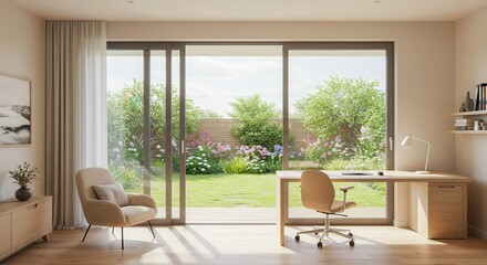 Fototapeta premium Cozy Home Office with Garden View and Natural Light Streaming in
