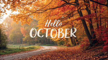 Road sign on the road 'Hello October'