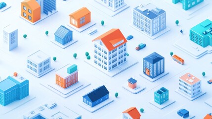 Obraz premium Isometric city model, urban planning, development, background buildings, architectural design, website banner