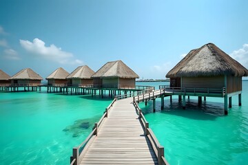 Fototapeta premium Over water bungalows with steps into amazing green lagoon with copy space