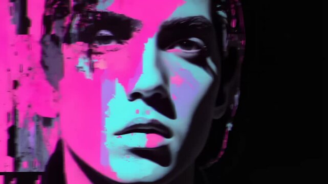 Futuristic Cyberpunk Portrait of a Stylish Man with Vibrant Hair and Glamorous Makeup in Neon Colors