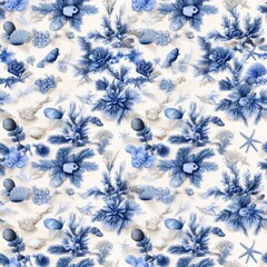 Vibrant blue and white pattern showcases seashells, starfish, and coral, perfect for enhancing marine-themed projects or decor SEAMLESS PATTERN