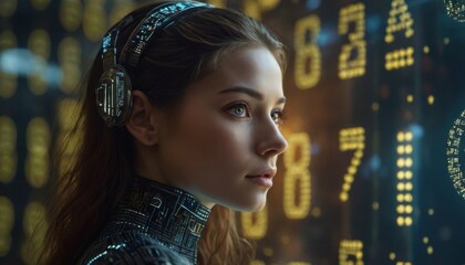 Futuristic woman with glowing digital numbers.