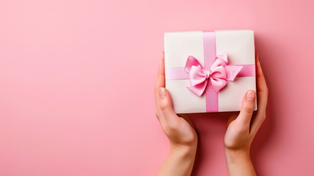 Woman's hand holding a gift box with a bow on a solid pink background, providing a vibrant canvas for personalized messaging.