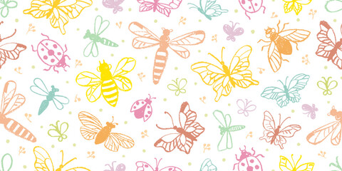 Butterfly seamless pattern. Cute floral spring vector background. Crayon butterfly, dragonfly, flower. Summer and spring watercolor seamless print. Cute pastel chalk design bg. Vintage insect pattern © Olga Che