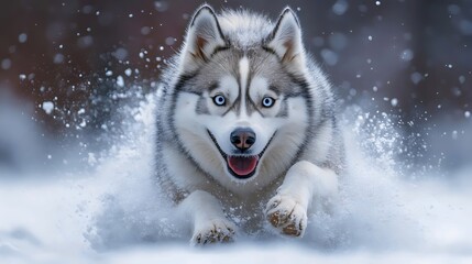 Naklejka premium A dog is running through the snow with its tongue out and its eyes closed