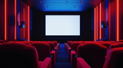Modern cinema interior with red seats and blue lighting ambiance