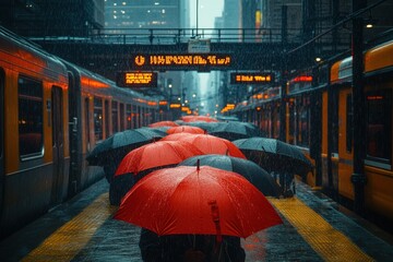 Rainy day commuters huddled under umbrellas at a city train station