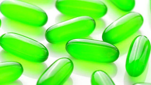 Vitamin e capsules kept on rotating disk. Close up of green vitamin e capsules on white surface.
