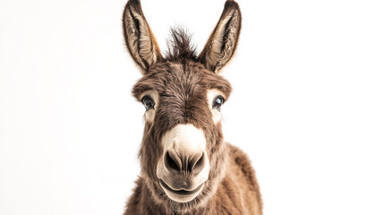 Close up of a brown donkey with large ears against a white background looking directly at the camera