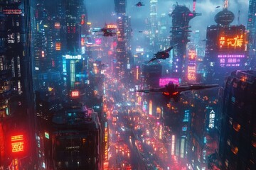 A futuristic cityscape filled with vibrant lights and flying vehicles