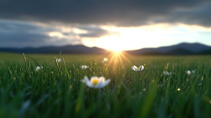 Peaceful meadow sunset.  Small white flowers in a vibrant green field, bathed in golden sunlight.  Mountains in the background