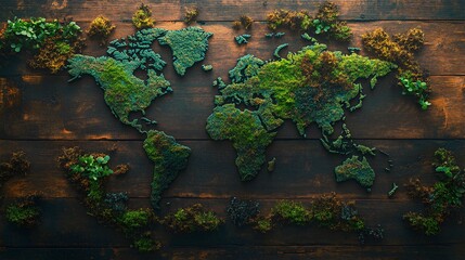 World Map Made of Moss on Wooden Surface
