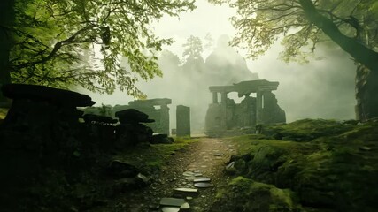 Mysterious Forest Path Leading to Hidden Clearing with Ancient Ruins in 4K Video