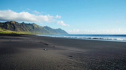 Volcanic beach, ocean waves, mountains, sunny day, travel