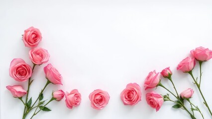 Delicate roses on a plain white paper background, table decoration, serene, white