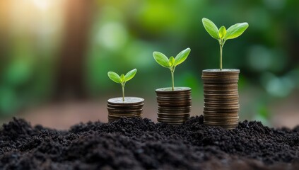 Growing plants on stacked coins representing financial growth sustainable investment and economic growth