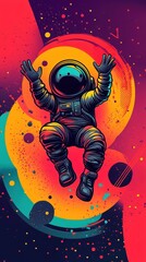 A Colorful Astronaut Floating Joyfully Amongst Outer Space Spheres