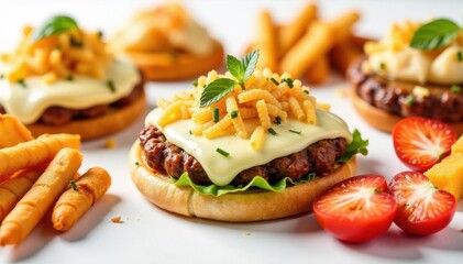 Close up of various junk food items against white , food photography, white background