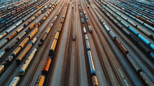 Aerial View Of Many Trains In Railroad Yard At Sunset
