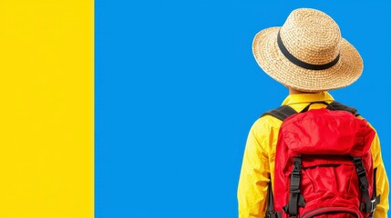 Obraz premium Child with Red Backpack and Straw Hat on Yellow and Blue Background