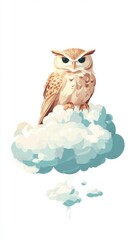Dreamy owl  perched on cloud against white background