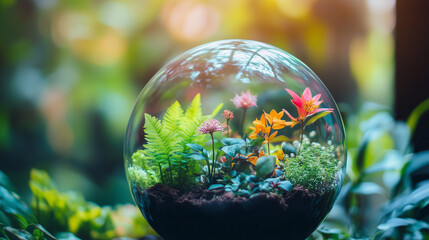 Vibrant Globe Terrarium with Lush Plants and Flowers, Symbolizing Earth Day's Eco-Friendly Spirit