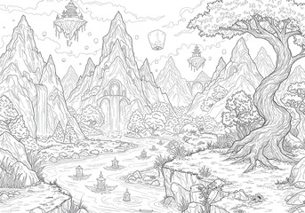 Obraz premium Black and white coloring page of fantasy landscape, outline digital illustration and pencil drawing for kids and adult.