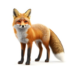 Fototapeta premium A striking red fox standing in profile against a white background. With its vibrant orange-red coat, bushy white-tipped tail, and sharp amber eyes, this highly detailed portrait captures the fox's