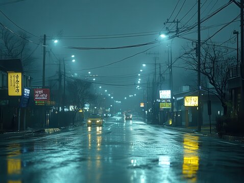 Rainy night street scene, glowing lights reflecting on wet asphalt