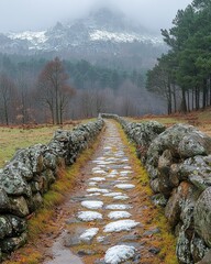 Fototapeta premium Stone Path to Snowy Mountain Peak in Winter