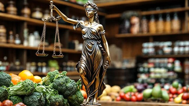 Justice statue in a market, weighing goods, background with produce. Possible use Stock photo