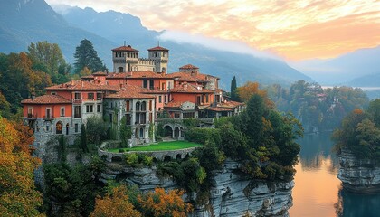 Fototapeta premium Villa del Balbianello, Lake Como, Italy: A Majestic Autumnal Sunset